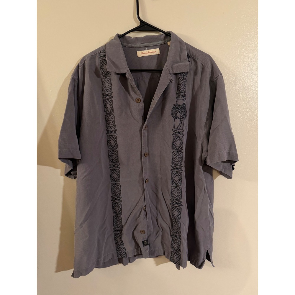 Tommy Bahama Mens XL Silk Camp Shirt Blue Gray Embroidered Palm Tree Waffle Knit